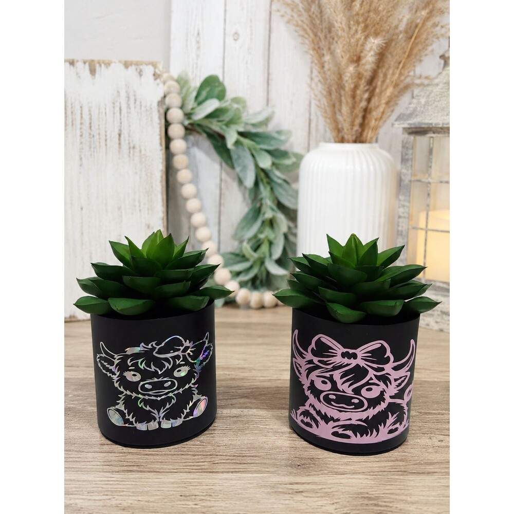 Hand-Painted Highland Cow Faux Succulent Planters Decorative Pot Small 4.5" 2pc